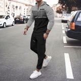 Men's Casual Set Outdoor Hooded Striped Long Sleeve Hoodies Pants Set
