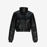 Women's High Collar Zipper Solid Color Long Sleeve Short Cotton-Padded Coat
