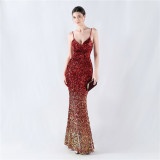 Gradient Sequins Sexy Strap Evening Dress