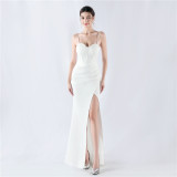 Fishbone Slim Waist Solid Color Satin Evening Dress