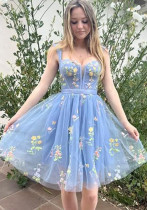 Flower Embroidered Strap A-Line Mesh Short Evening Dress(Processing time need 3-6 days) Flower Embroidered Strap A-Line Mesh Short Evening Dress(Processing time need 3-6 days)
