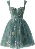 Flower Embroidered Strap A-Line Mesh Short Evening Dress（Processing time need 3-6 days）