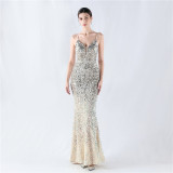 Gradient Sequins Sexy Strap Evening Dress