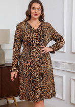 Autumn Leopard Print V Neck Midi Dress Plus Size Women's Sexy Long Sleeve Dress