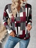 Women casual plaid patchwork print half zipper turndown collar long sleeve t-shirt