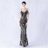 Women sequined striped color matching maxi evening dress