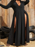 Plus Size Women Sexy Slit V Neck Dress