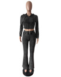 Women Washed Stretch Top and Slit Pants Two Piece Set