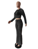 Women Washed Stretch Top and Slit Pants Two Piece Set