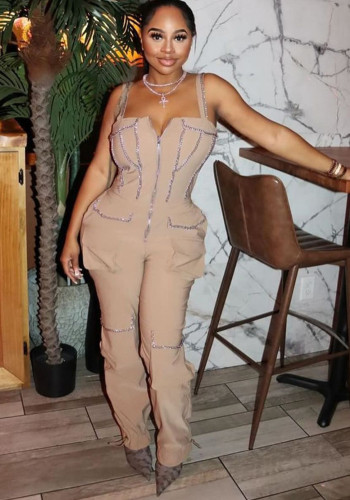 Women Strapless Zipper Pocket Jumpsuit