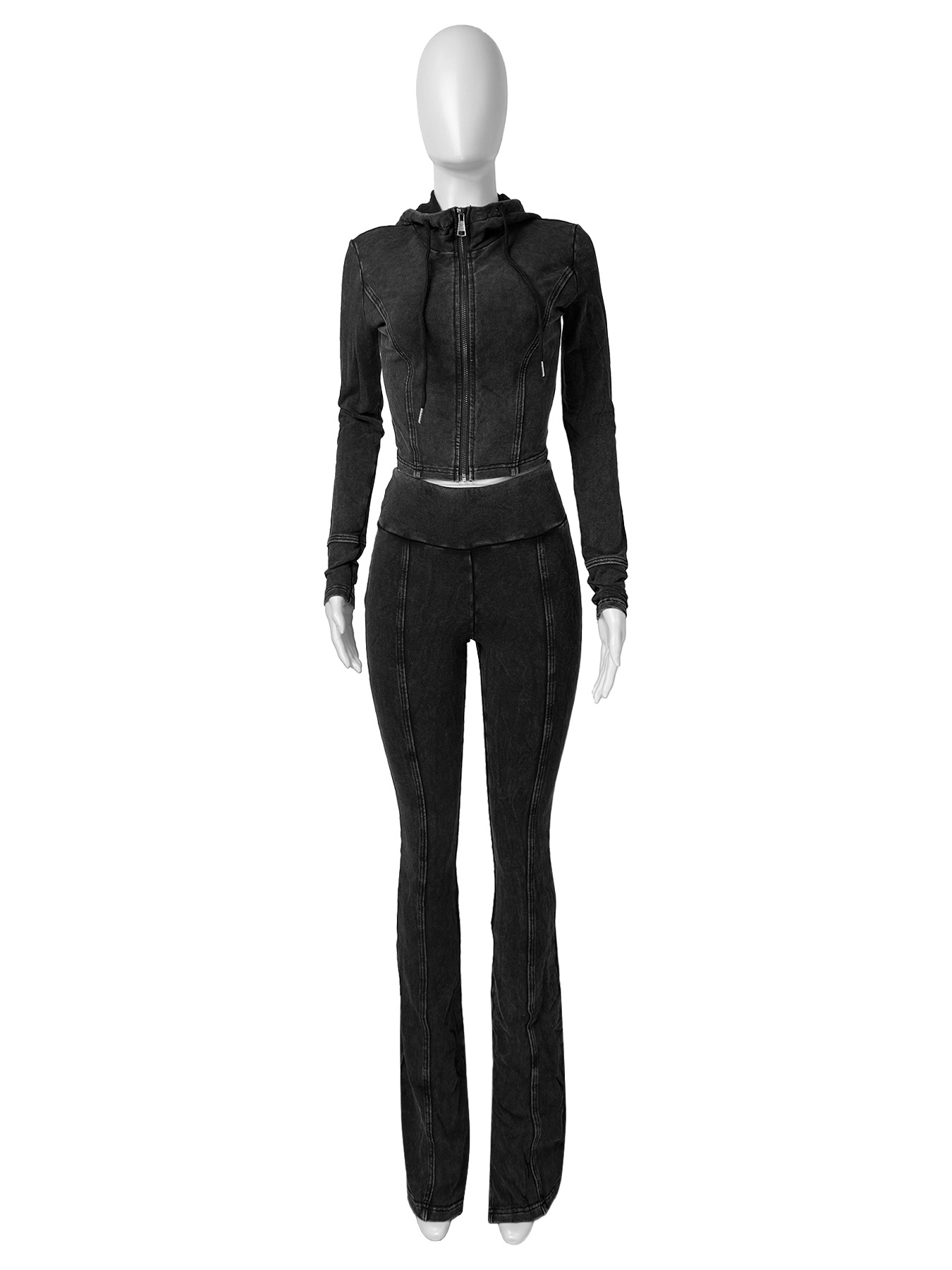 Women Washed Hooded Top and Bell Bottom PantTwo Piece Set