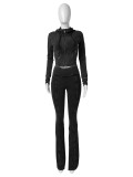 Women Washed Hooded Top and Bell Bottom PantTwo Piece Set