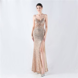 Women sequined sexy split sling evening dress