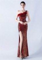 Women Beaded One Shoulder Slash Shoulder Split Sequin Evening Dress Women Beaded One Shoulder Slash Shoulder Split Sequin Evening Dress