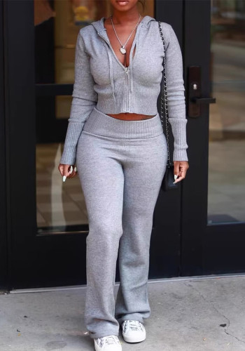 Women Round Neck Zipper Hooded Top and Pant Sports Two Piece Set