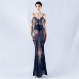 Women sequined beaded evening dress