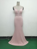 Women fishbone Fitted Mesh Beaded Bodycon fishtail evening dress