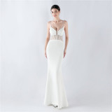 Women fishbone Fitted Mesh Beaded Bodycon fishtail evening dress