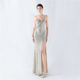 Women sequined sexy split sling evening dress