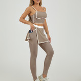 Women Colorblock Sports Vest Fitness Skirt Two Piece Set