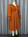 Plus Size Women V-neck lantern sleeve Ruffle Edge party beaded dress