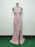 Fishbone Slim Waist Solid Color Satin Evening Dress