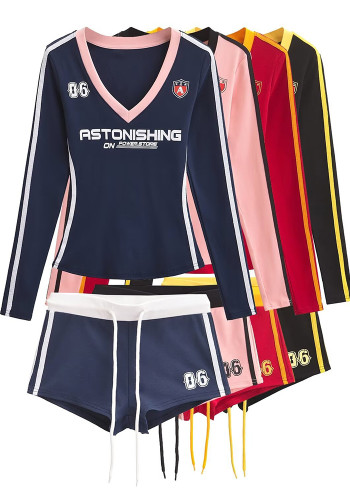 Women American Retro V-neck Contrast Print Long-sleeved T-shirt Sports Shorts Two Piece Set