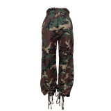 Women Camouflage Print Lace-Up Large Pocket Lantern Camouflage Pants