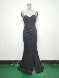Fishbone Slim Waist Solid Color Satin Evening Dress