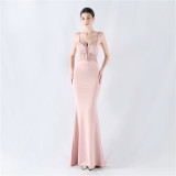 Women fishbone Fitted Mesh Beaded Bodycon fishtail evening dress