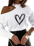 Women Fall and Winter Heart Print Printed Off-shoulder Sexy Top