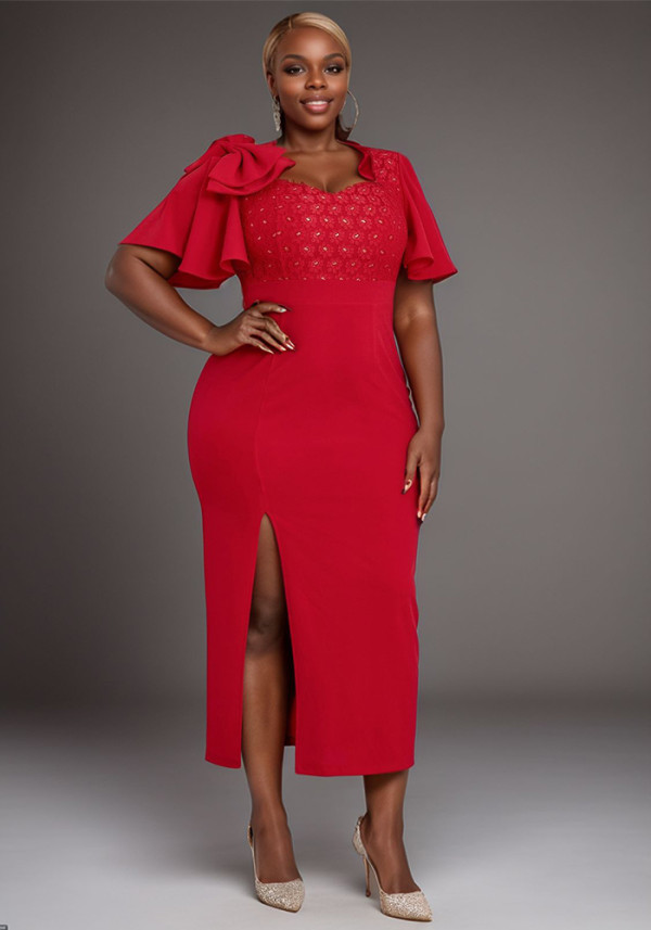 Women ruffle bow sexy Formal Party lace dress