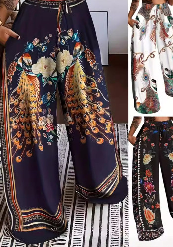 Plus Size Women Fall Casual Lace-up Print Wide-leg Pants
