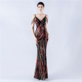 Women sequined striped color matching maxi evening dress
