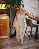 Women Strapless Zipper Pocket Jumpsuit