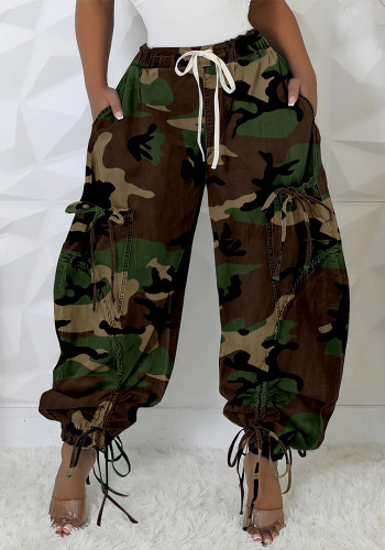 Women Camouflage Print Lace-Up Large Pocket Lantern Camouflage Pants