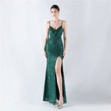 Women sequined sexy split sling evening dress