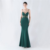 Women fishbone Fitted Mesh Beaded Bodycon fishtail evening dress