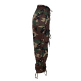 Women Camouflage Print Lace-Up Large Pocket Lantern Camouflage Pants