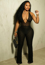 Women Fall Sexy Halter Neck V-Neck Lace See-Through Lace-Up Backless Jumpsuit