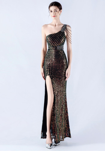 Women Beaded One Shoulder Slash Shoulder Split sequined evening dress