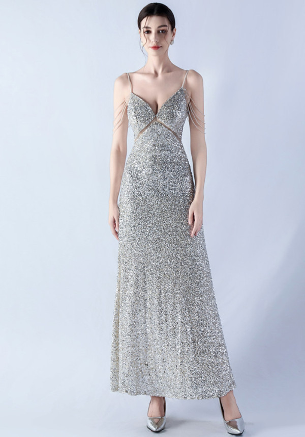 Women mesh sequined evening dress