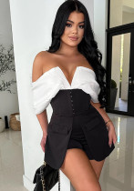 Women Sexy Black and White Colorblock Off Shoulder Jumpsuit
