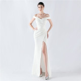 Women Off Shoulder split fishtail evening dress