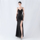 Women sequined sexy split sling evening dress