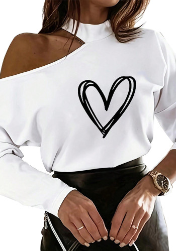 Women Fall and Winter Heart Print Printed Off-shoulder Sexy Top
