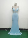 Women fishbone Fitted Mesh Beaded Bodycon fishtail evening dress