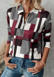 Women casual plaid patchwork print half zipper turndown collar long sleeve t-shirt
