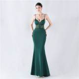 Women fishbone Fitted Mesh Beaded Bodycon fishtail evening dress