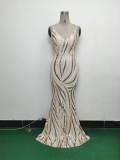 Women sequined striped color matching maxi evening dress
